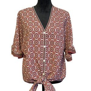 Max Studio Womens Boho Red & White Floral Print Tie-Front Blouse With 3/4 Sleeve